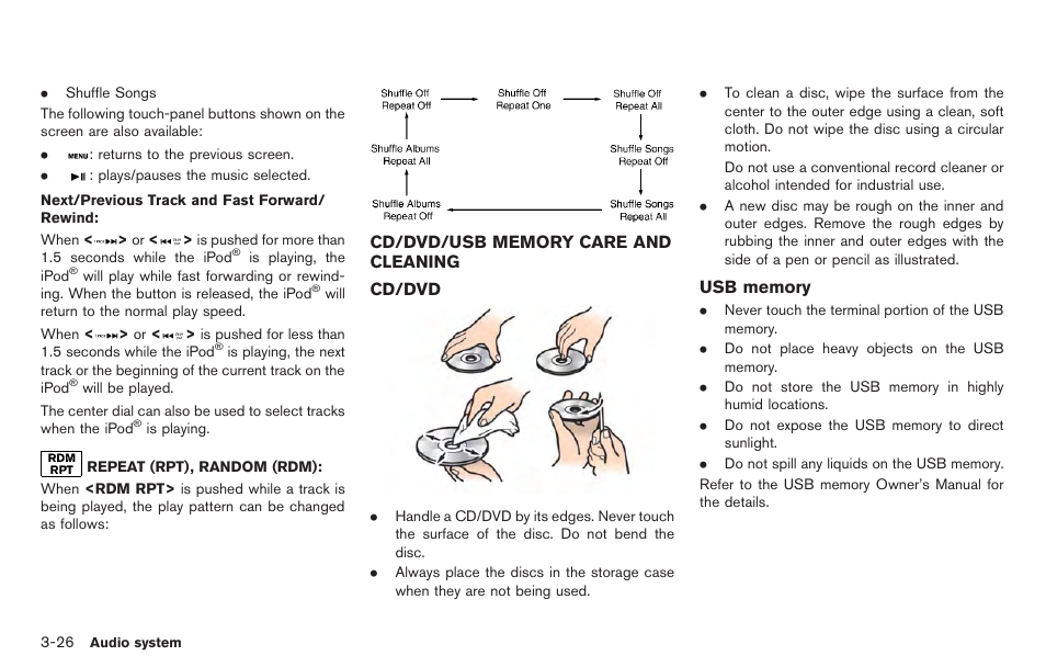 Cd/dvd/usb memory care and cleaning -26 | NISSAN 2014 GT R - Multi Function Display Owner's Manual User Manual | Page 153 / 314