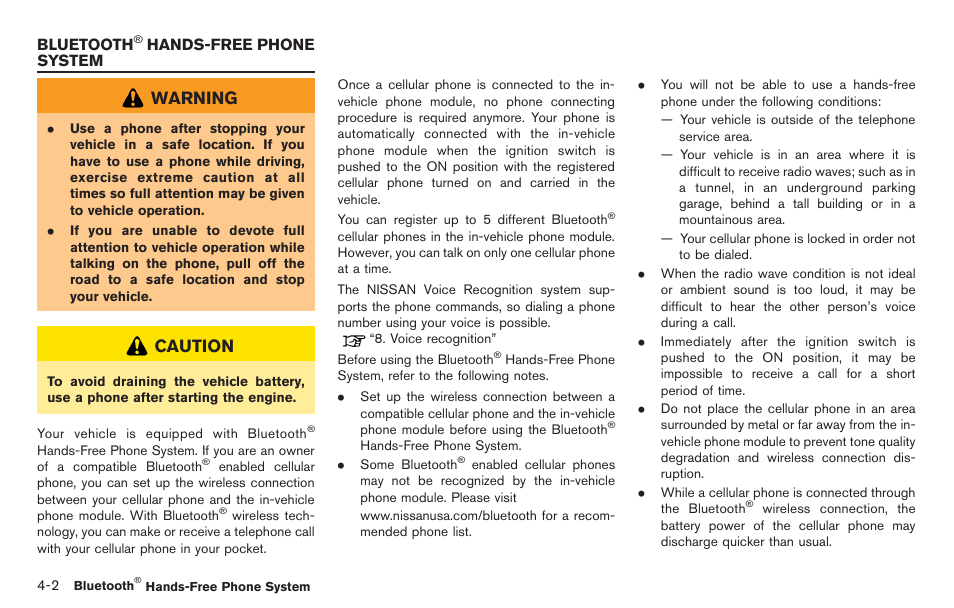 Bluetooth, Hands-free phone system -2, Warning | Caution | NISSAN 2014 GT R - Multi Function Display Owner's Manual User Manual | Page 157 / 314