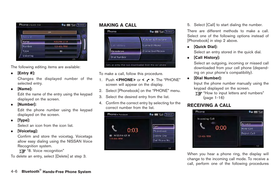 Making a call -6 receiving a call -6 | NISSAN 2014 GT R - Multi Function Display Owner's Manual User Manual | Page 161 / 314