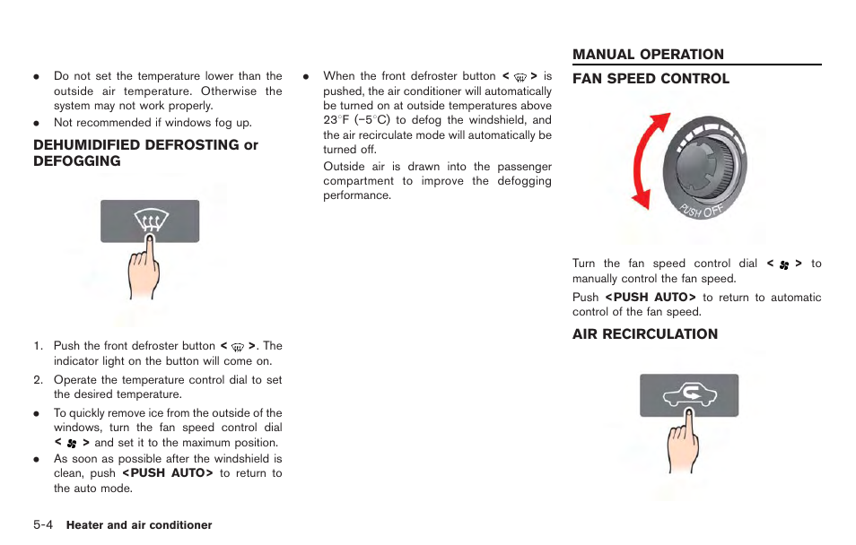 Dehumidified defrosting or defogging -4, Manual operation -4, Fan speed control -4 air recirculation -4 | NISSAN 2014 GT R - Multi Function Display Owner's Manual User Manual | Page 169 / 314
