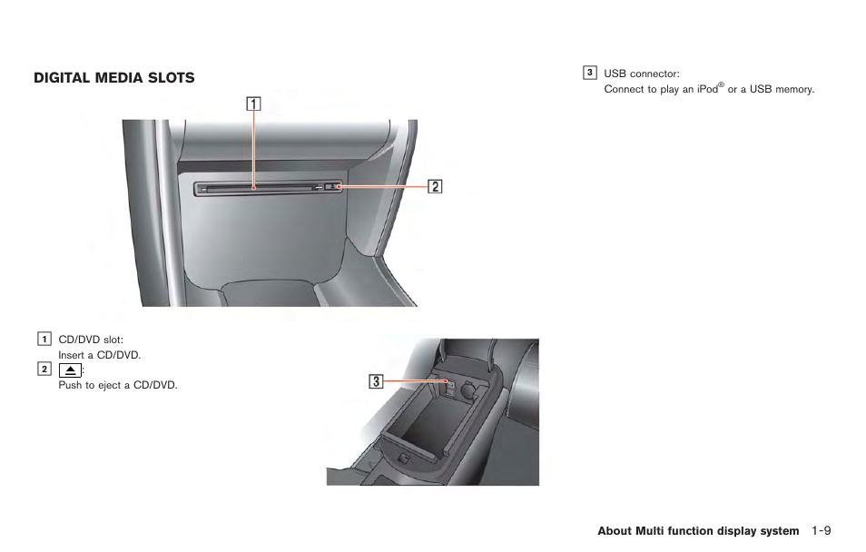 Digital media slots -9 | NISSAN 2014 GT R - Multi Function Display Owner's Manual User Manual | Page 18 / 314