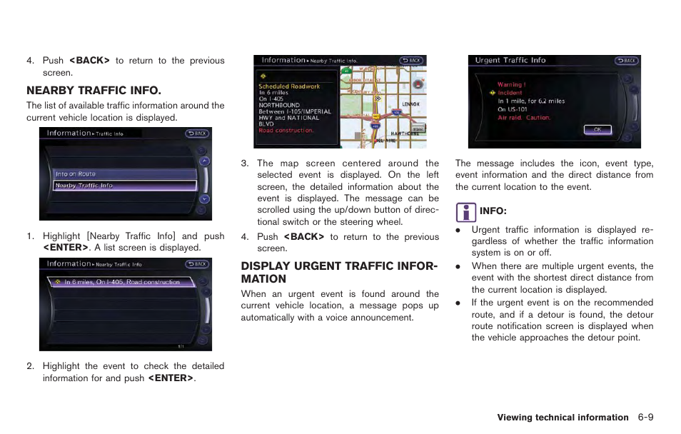Nearby traffic info -9, Display urgent traffic information -9 | NISSAN 2014 GT R - Multi Function Display Owner's Manual User Manual | Page 182 / 314