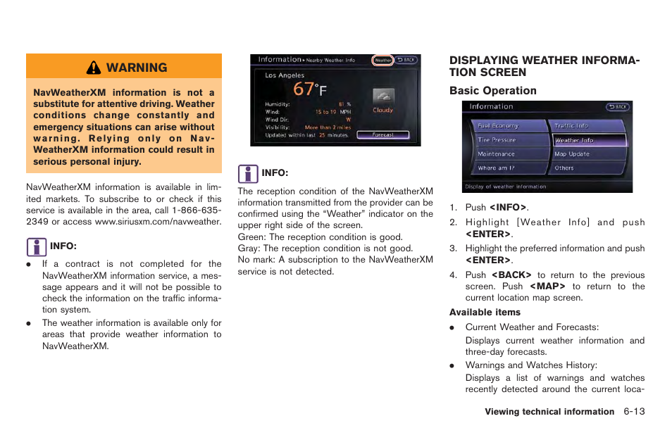 Displaying weather information screen -13, Warning | NISSAN 2014 GT R - Multi Function Display Owner's Manual User Manual | Page 186 / 314