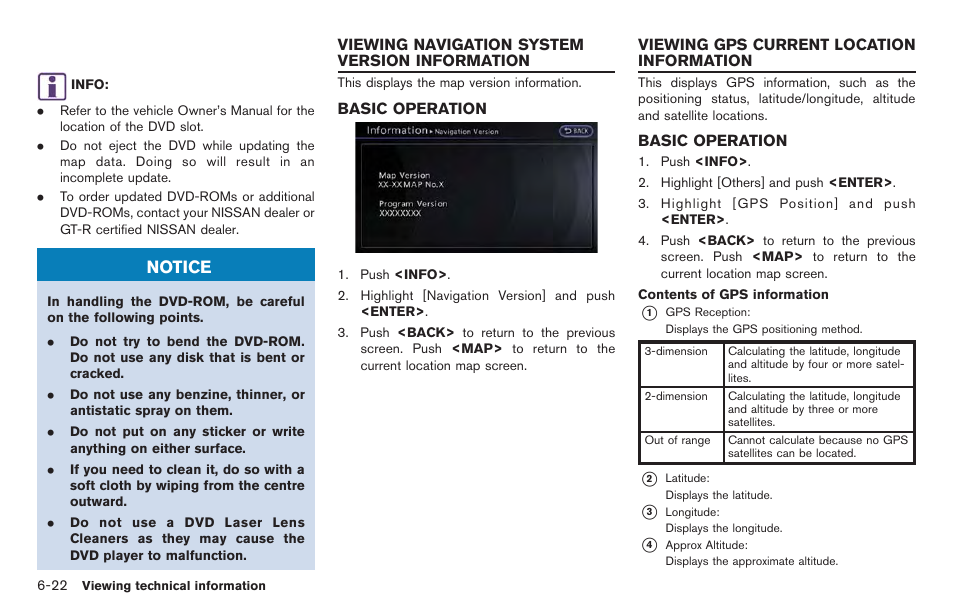 Viewing navigation system version information -22, Basic operation -22, Viewing gps current location information -22 | Notice | NISSAN 2014 GT R - Multi Function Display Owner's Manual User Manual | Page 195 / 314