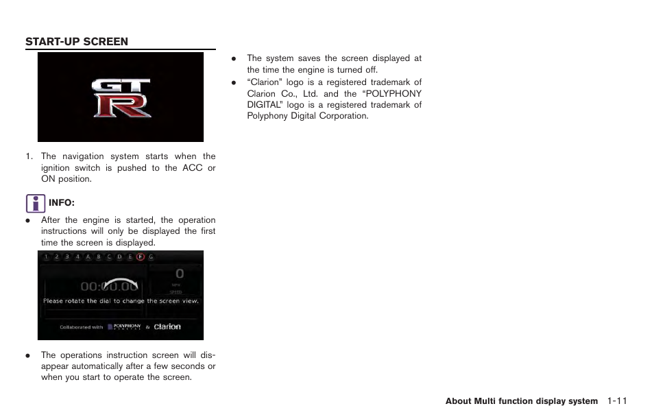 Start-up screen -11 | NISSAN 2014 GT R - Multi Function Display Owner's Manual User Manual | Page 20 / 314