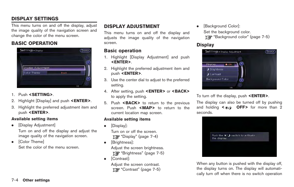 Display settings -4, Basic operation -4 display adjustment -4 | NISSAN 2014 GT R - Multi Function Display Owner's Manual User Manual | Page 201 / 314