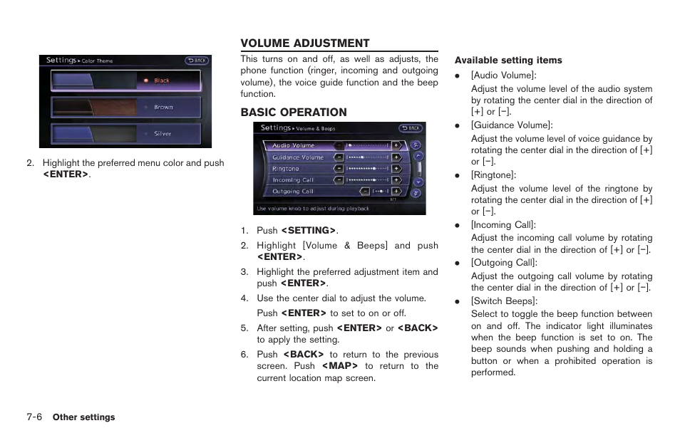 Volume adjustment -6, Basic operation -6 | NISSAN 2014 GT R - Multi Function Display Owner's Manual User Manual | Page 203 / 314