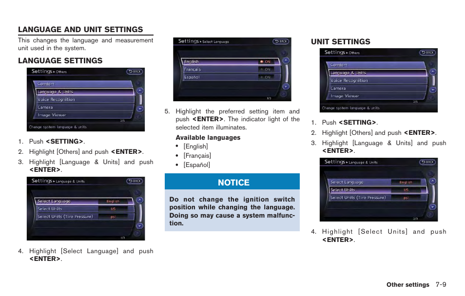 Language and unit settings -9, Language settings -9 unit settings -9, Notice | NISSAN 2014 GT R - Multi Function Display Owner's Manual User Manual | Page 206 / 314