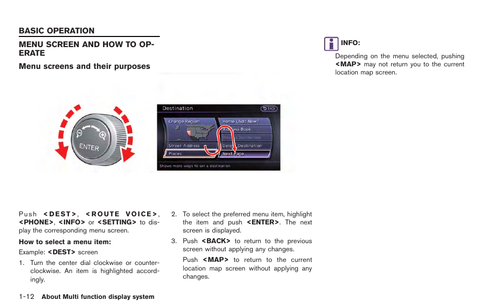 Basic operation -12, Menu screen and how to operate -12 | NISSAN 2014 GT R - Multi Function Display Owner's Manual User Manual | Page 21 / 314