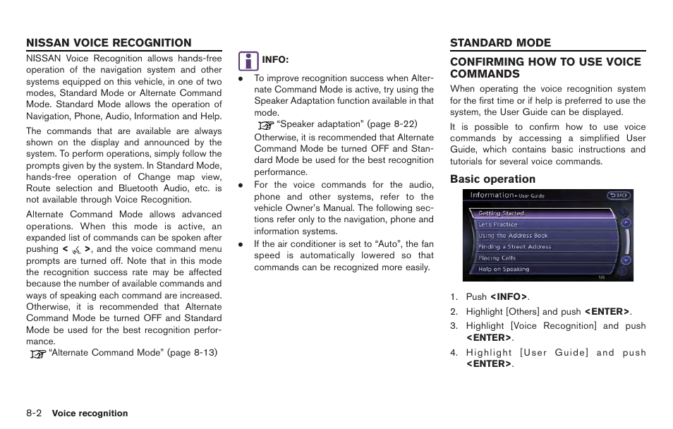 Nissan voice recognition -2 standard mode -2, Confirming how to use voice commands -2 | NISSAN 2014 GT R - Multi Function Display Owner's Manual User Manual | Page 211 / 314