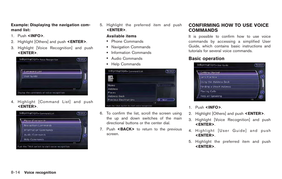 Confirming how to use voice commands -14 | NISSAN 2014 GT R - Multi Function Display Owner's Manual User Manual | Page 223 / 314