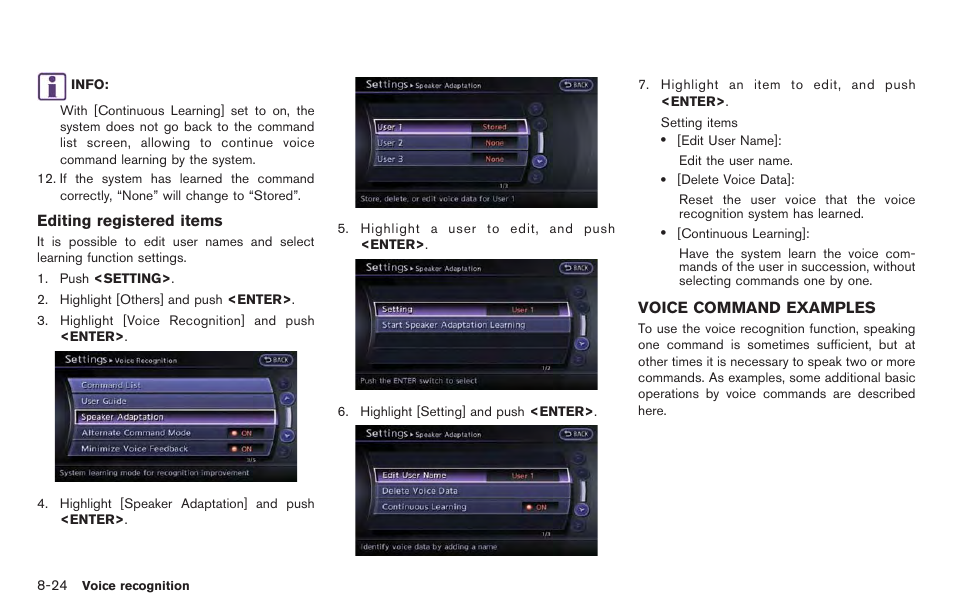 Voice command examples -24 | NISSAN 2014 GT R - Multi Function Display Owner's Manual User Manual | Page 233 / 314