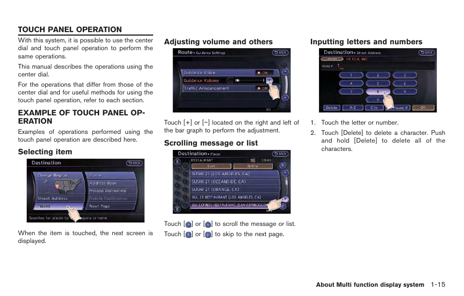 Touch panel operation -15, Example of touch panel operation -15 | NISSAN 2014 GT R - Multi Function Display Owner's Manual User Manual | Page 24 / 314