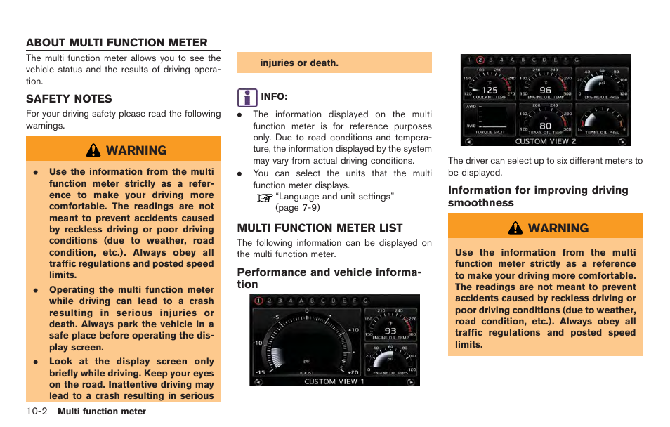 About multi function meter -2, Safety notes -2 multi function meter list -2 | NISSAN 2014 GT R - Multi Function Display Owner's Manual User Manual | Page 247 / 314