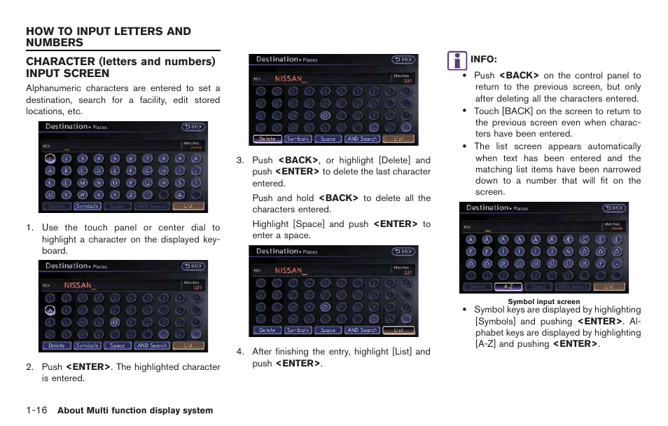 How to input letters and numbers -16, Character (letters and numbers) input screen -16 | NISSAN 2014 GT R - Multi Function Display Owner's Manual User Manual | Page 25 / 314