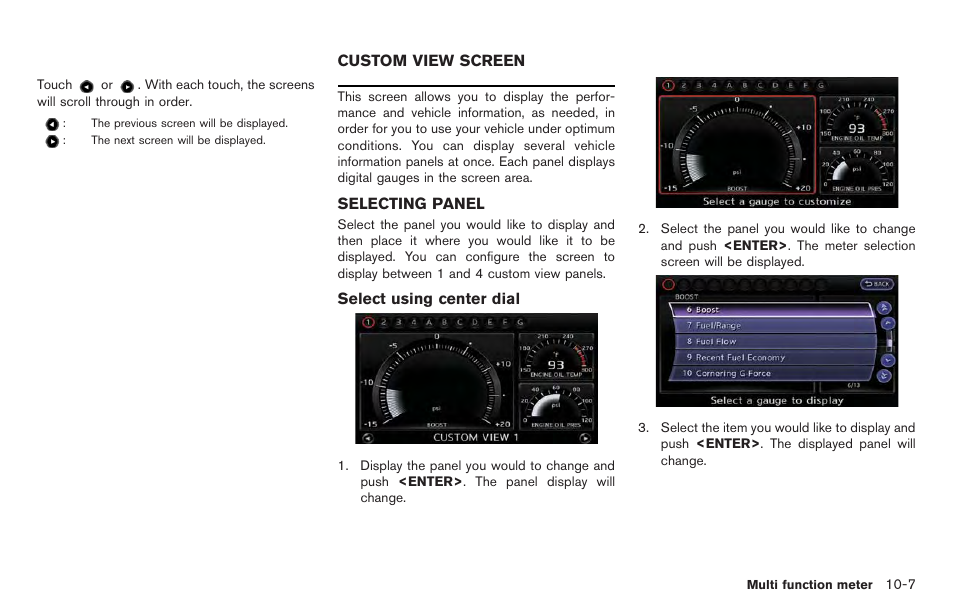 Custom view screen -7, Selecting panel -7 | NISSAN 2014 GT R - Multi Function Display Owner's Manual User Manual | Page 252 / 314