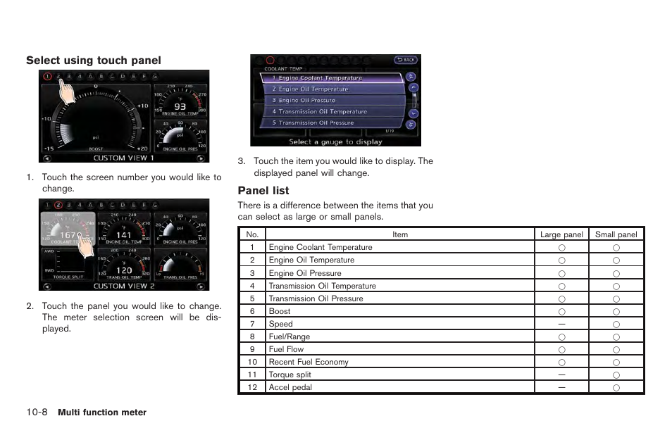Select using touch panel, Panel list | NISSAN 2014 GT R - Multi Function Display Owner's Manual User Manual | Page 253 / 314