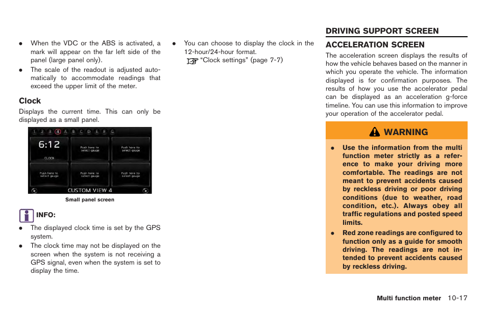 Driving support screen -17, Acceleration screen -17, Warning | NISSAN 2014 GT R - Multi Function Display Owner's Manual User Manual | Page 262 / 314