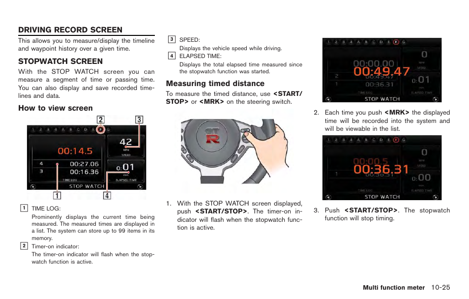 Driving record screen -25, Stopwatch screen -25 | NISSAN 2014 GT R - Multi Function Display Owner's Manual User Manual | Page 270 / 314