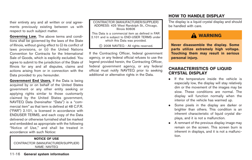 How to handle display -16, Characteristics of liquid crystal display -16, Warning | NISSAN 2014 GT R - Multi Function Display Owner's Manual User Manual | Page 293 / 314