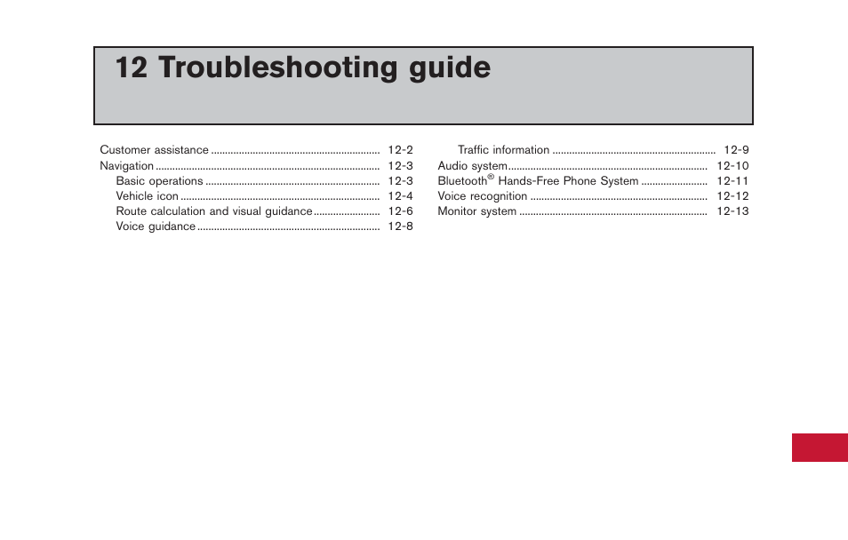 Troubleshooting guide, 12 troubleshooting guide | NISSAN 2014 GT R - Multi Function Display Owner's Manual User Manual | Page 296 / 314