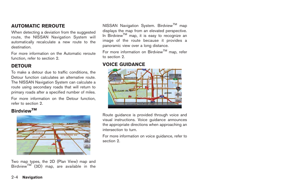 Automatic reroute -4 detour -4 birdview, Voice guidance -4 | NISSAN 2014 GT R - Multi Function Display Owner's Manual User Manual | Page 31 / 314