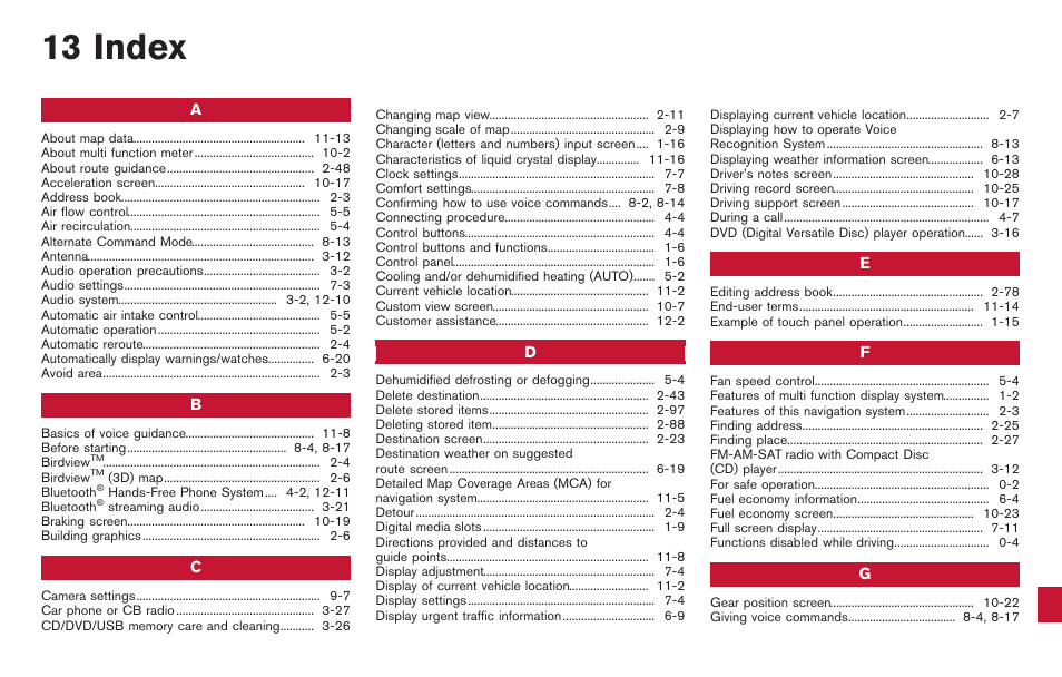 Index, 13 index | NISSAN 2014 GT R - Multi Function Display Owner's Manual User Manual | Page 310 / 314
