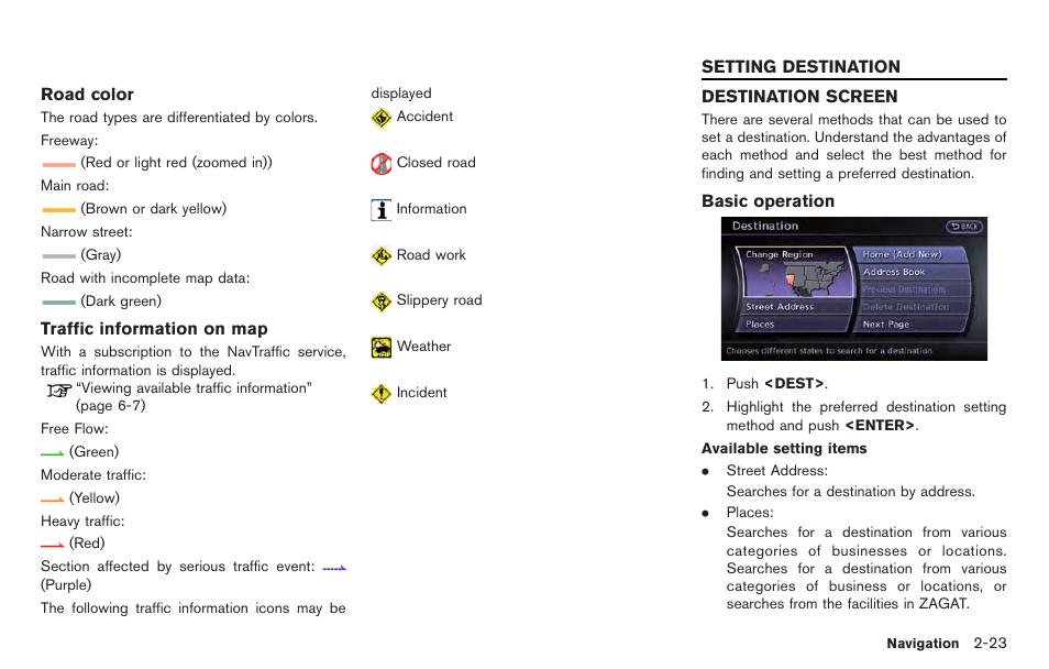 Setting destination -23, Destination screen -23 | NISSAN 2014 GT R - Multi Function Display Owner's Manual User Manual | Page 50 / 314