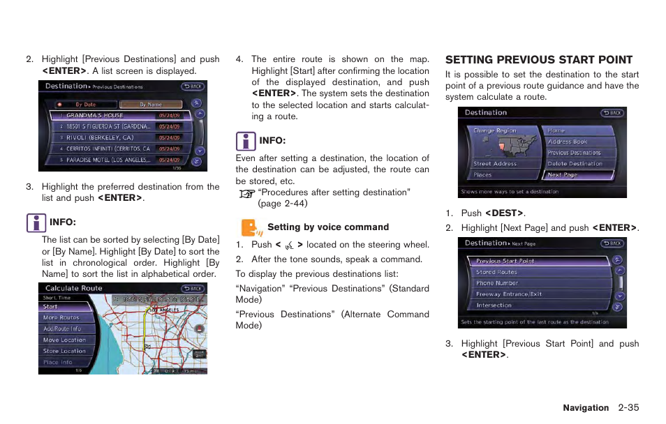 Setting previous start point -35 | NISSAN 2014 GT R - Multi Function Display Owner's Manual User Manual | Page 62 / 314