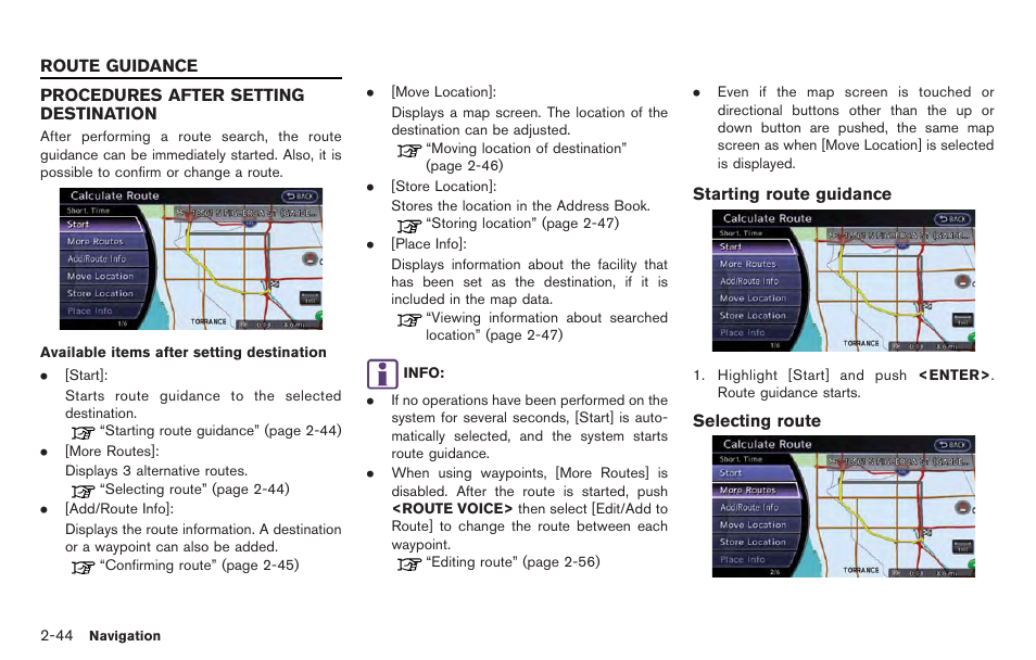 Route guidance -44, Procedures after setting destination -44 | NISSAN 2014 GT R - Multi Function Display Owner's Manual User Manual | Page 71 / 314