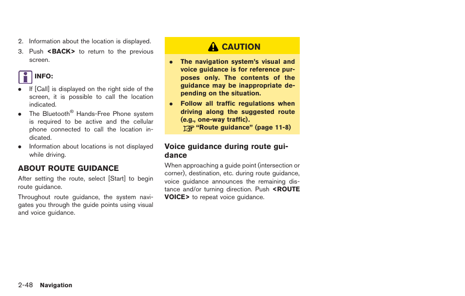 About route guidance -48, Caution | NISSAN 2014 GT R - Multi Function Display Owner's Manual User Manual | Page 75 / 314