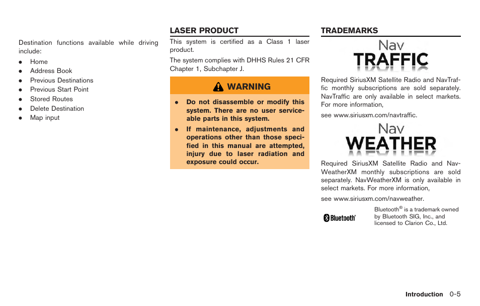Laser product -5 trademarks -5, Warning | NISSAN 2014 GT R - Multi Function Display Owner's Manual User Manual | Page 8 / 314