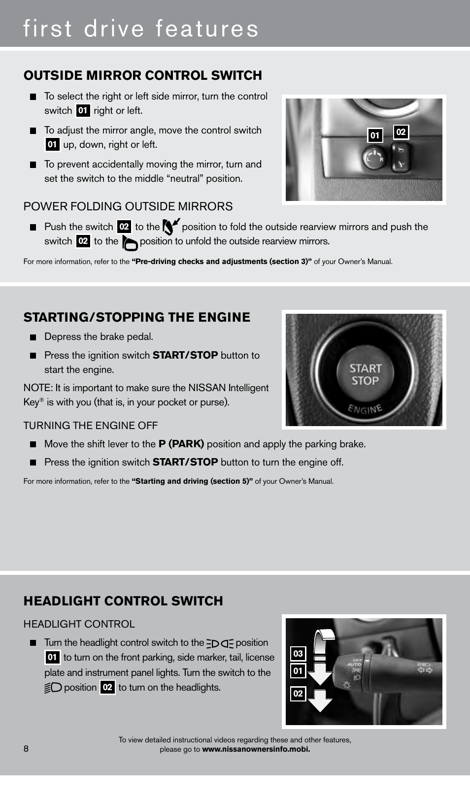 First drive features, Outside mirror control switch, Headlight control switch | Starting/stopping the engine | NISSAN 2014 GT R - Quick Reference Guide User Manual | Page 10 / 24