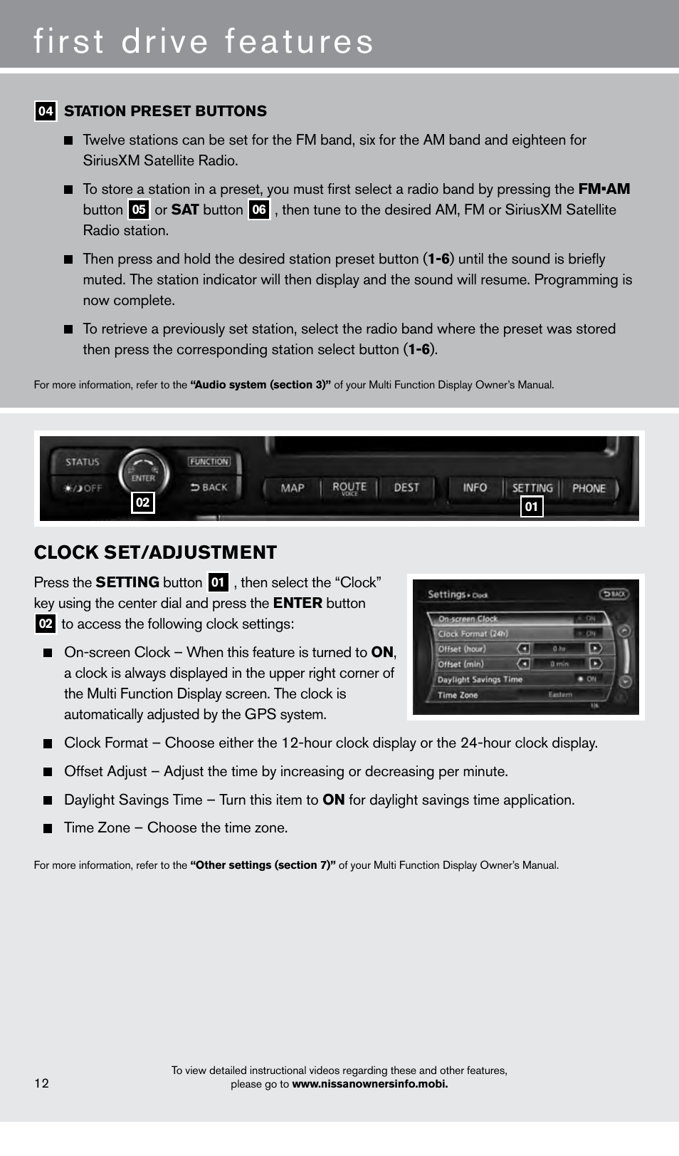 First drive features, Clock set/adjustment | NISSAN 2014 GT R - Quick Reference Guide User Manual | Page 14 / 24