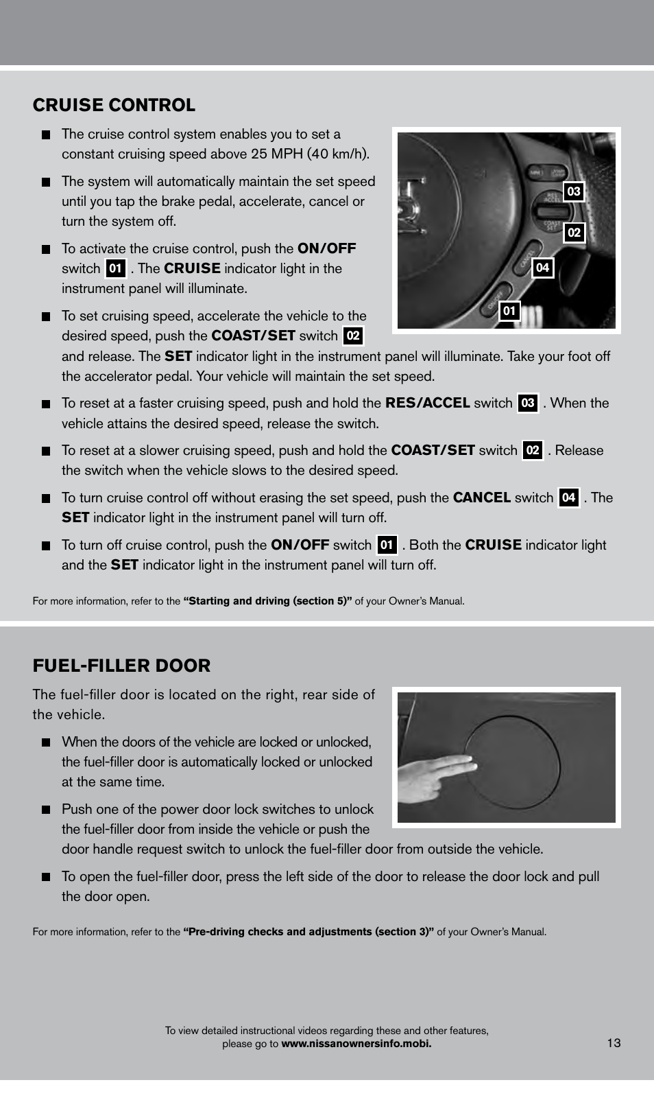 Cruise control, Fuel-filler door | NISSAN 2014 GT R - Quick Reference Guide User Manual | Page 15 / 24