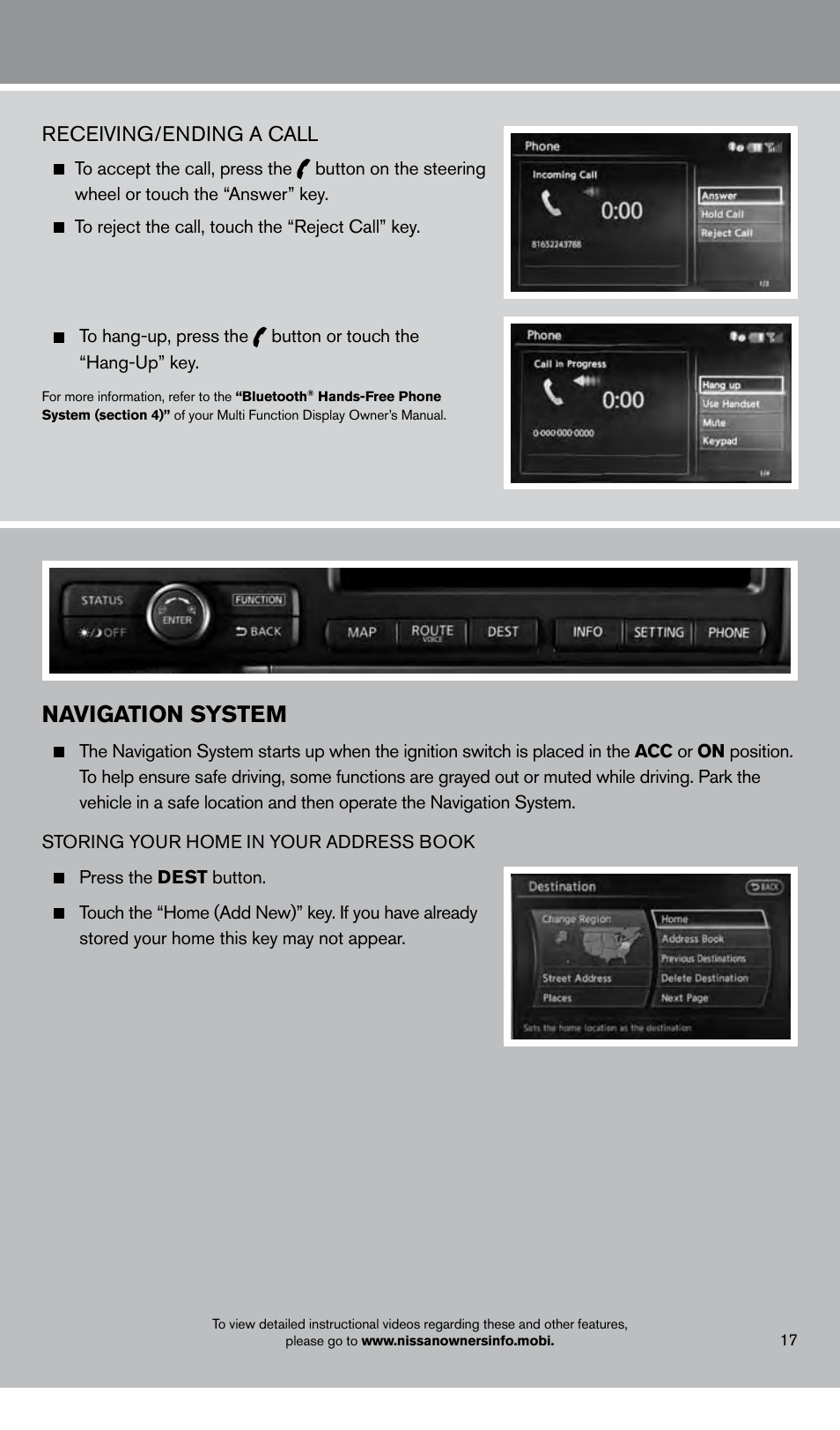 Navigation system, Receiving/ending a call | NISSAN 2014 GT R - Quick Reference Guide User Manual | Page 19 / 24