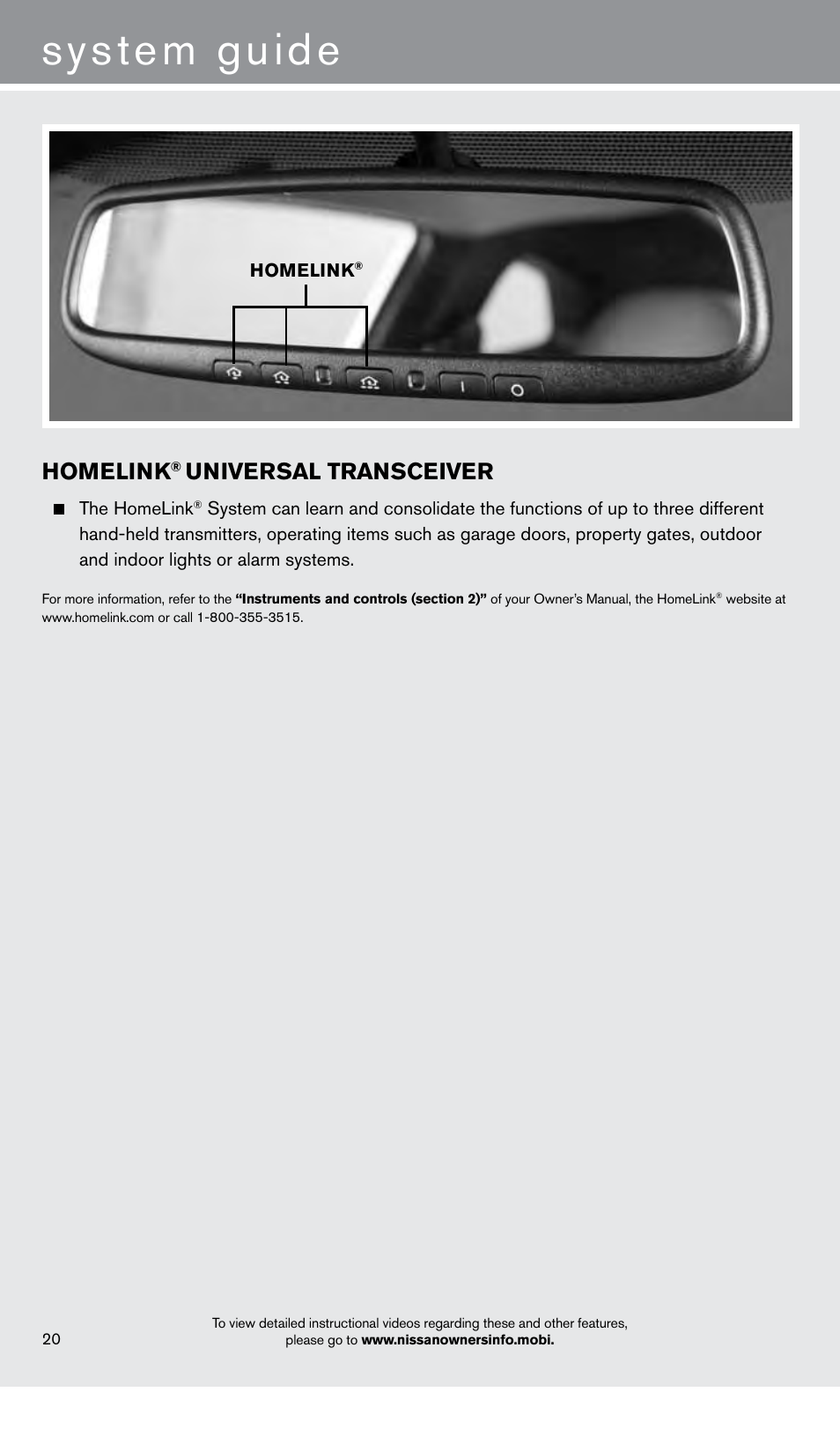 System guide, Homelink, Universal transceiver | NISSAN 2014 GT R - Quick Reference Guide User Manual | Page 22 / 24