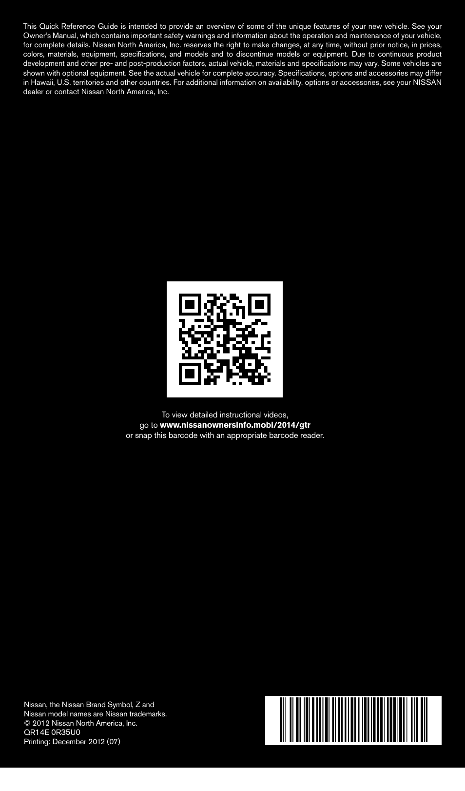 NISSAN 2014 GT R - Quick Reference Guide User Manual | Page 24 / 24