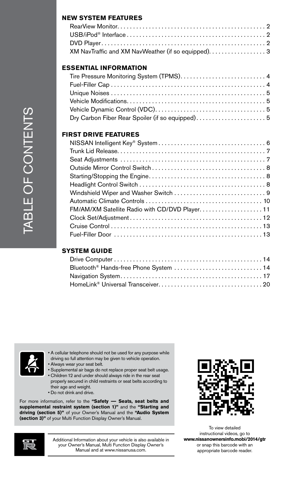 NISSAN 2014 GT R - Quick Reference Guide User Manual | Page 3 / 24