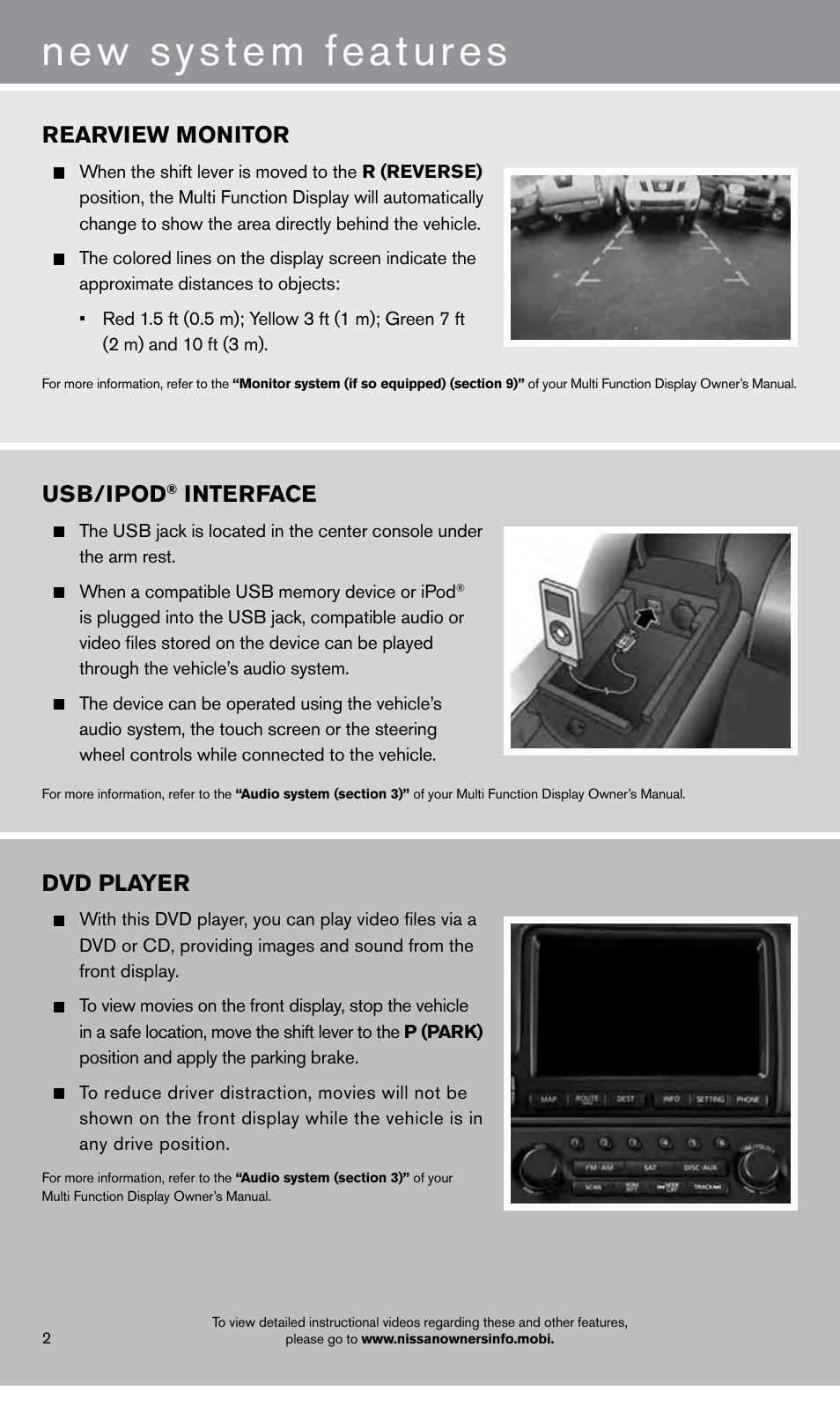 New system features, Rearview monitor, Usb/ipod | Interface, Dvd player | NISSAN 2014 GT R - Quick Reference Guide User Manual | Page 4 / 24