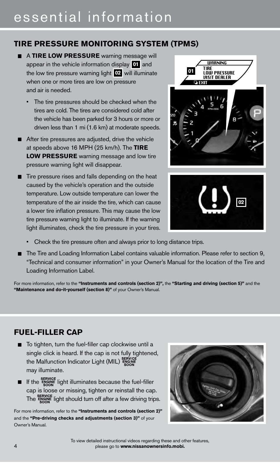 Essential information, Tire pressure monitoring system (tpms), Fuel-filler cap | NISSAN 2014 GT R - Quick Reference Guide User Manual | Page 6 / 24