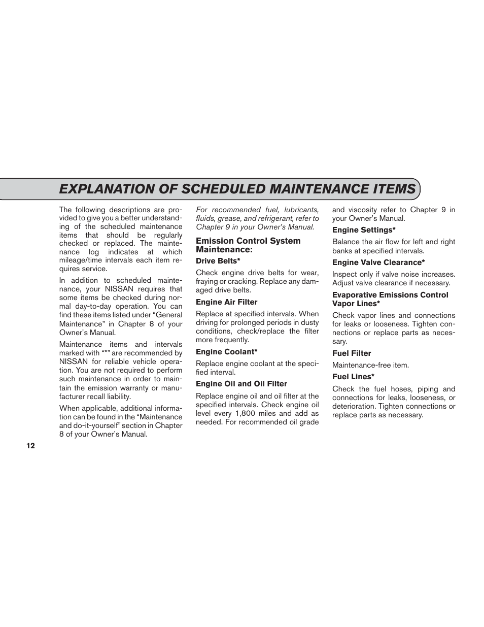 Explanation of scheduled maintenance items | NISSAN 2014 GT R - Service & Maintenance Guide User Manual | Page 13 / 82