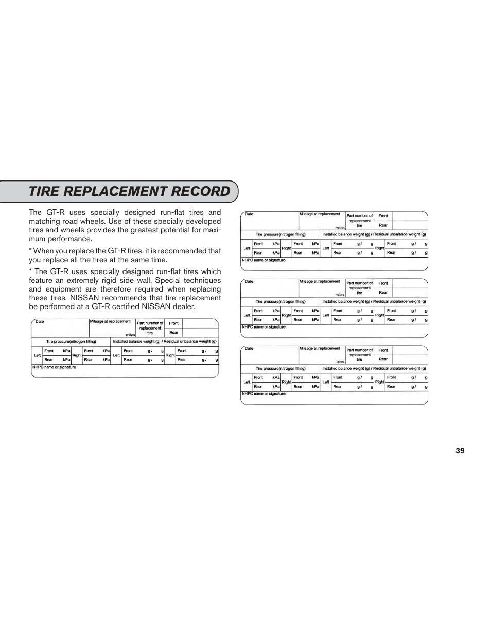 Tire replacement record | NISSAN 2014 GT R - Service & Maintenance Guide User Manual | Page 40 / 82