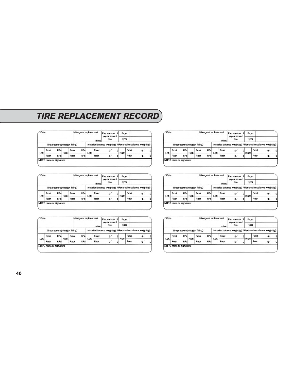 Tire replacement record | NISSAN 2014 GT R - Service & Maintenance Guide User Manual | Page 41 / 82