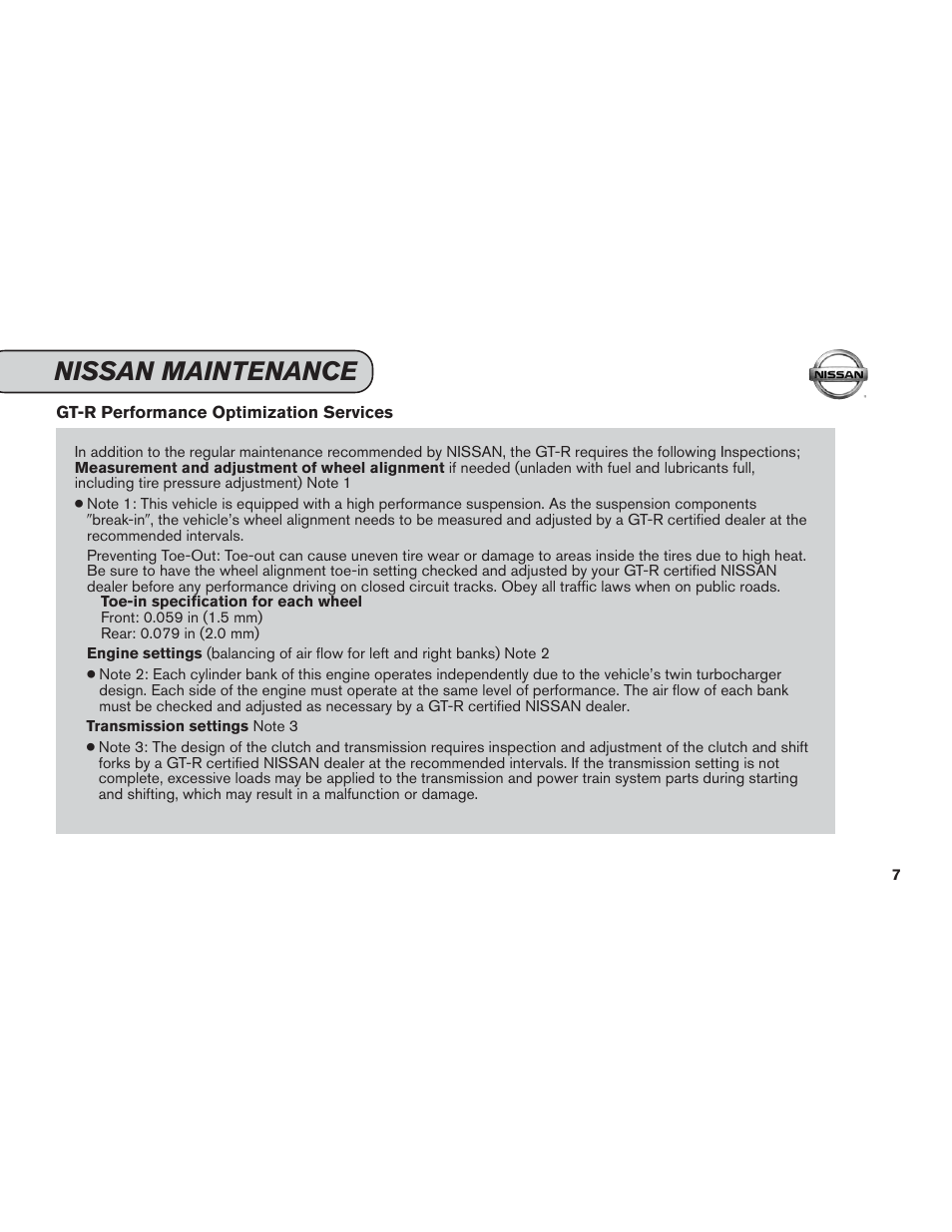 Nissan maintenance | NISSAN 2014 GT R - Service & Maintenance Guide User Manual | Page 8 / 82