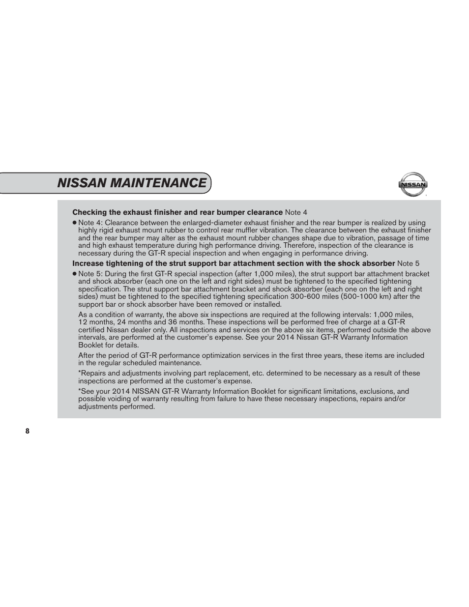 Nissan maintenance | NISSAN 2014 GT R - Service & Maintenance Guide User Manual | Page 9 / 82