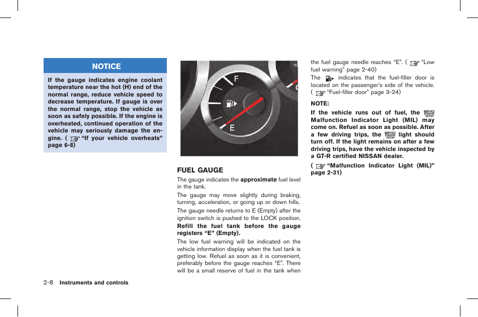 Fuel gauge -8, Notice | NISSAN 2015 GT R - Owner's Manual User Manual | Page 105 / 358