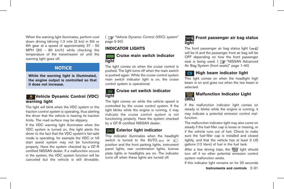 Indicator lights -31 | NISSAN 2015 GT R - Owner's Manual User Manual | Page 128 / 358