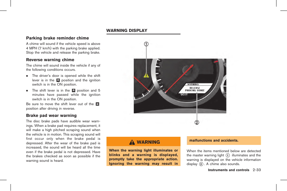 Warning display -33 | NISSAN 2015 GT R - Owner's Manual User Manual | Page 130 / 358
