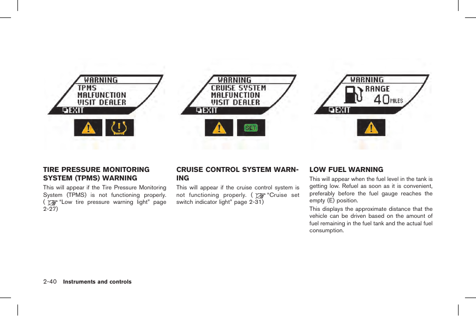 Tire pressure monitoring system (tpms) warning -40 | NISSAN 2015 GT R - Owner's Manual User Manual | Page 137 / 358
